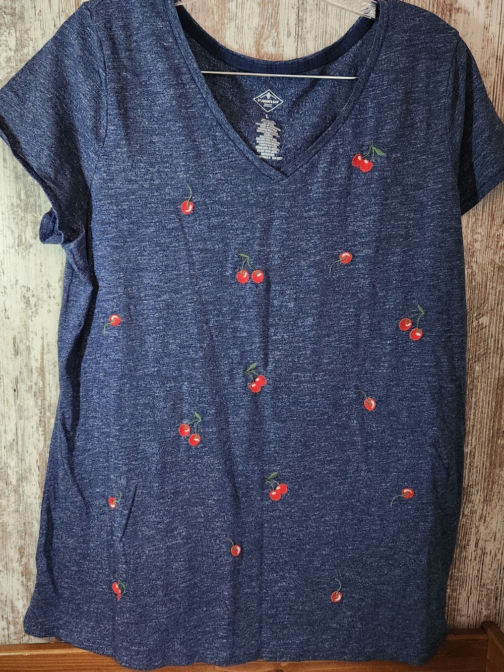 St. John's Bay Navy Short Sleeve V-Neck Tee with Cherry Embroidery Size L